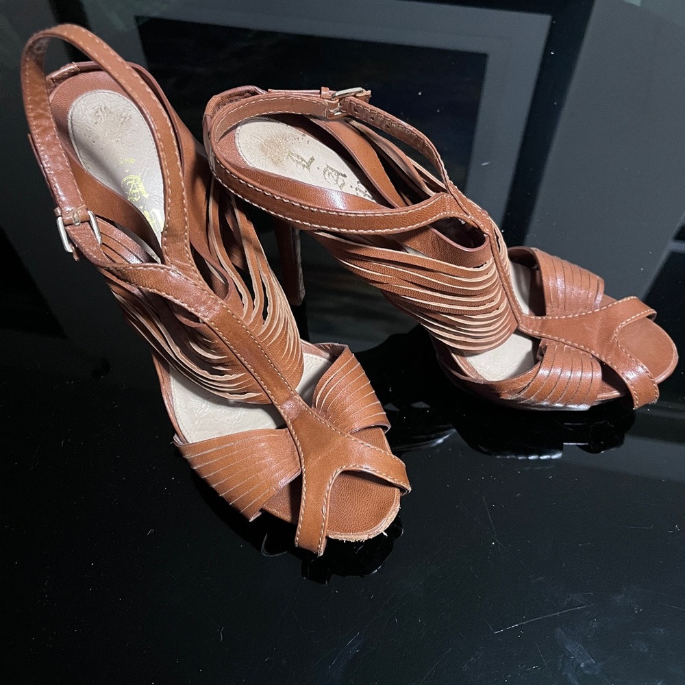L.A.M.B. Tan leather strappy boho heels